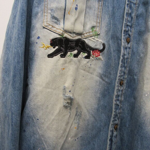 Akoo Black Cats WWII Bomber Distressed Denim Embroidered Collared Shirt sz 3XL - Picture 4 of 7